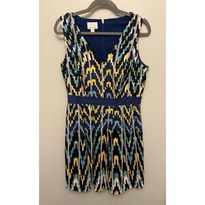 Donna Morgan Dress Size 10 Navy Yellow Geometric Print Fit & Flare Pockets Linen